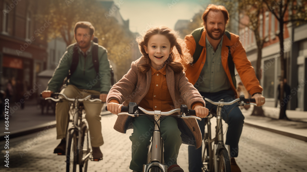 Famille homoparentale faisant du vélo avec leur fille en ville, piste cyclable - obrazy, fototapety, plakaty 