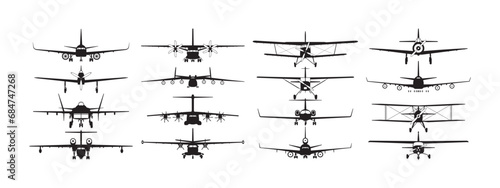 Airplane icon set. Aircrafts icons flat style. Airplanes silhouettes front view. Vector scalable graphics