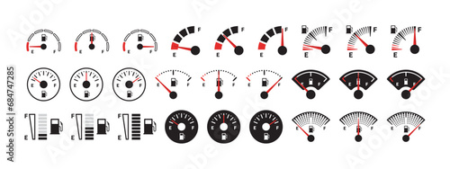 Fuel gauge icons set. Gasoline indicator. Fuel indicator concept. Vector scalable graphics