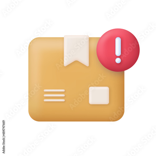 3D Delivery box and exclamation sign. Delivery warning line icon. Package box alert sign.