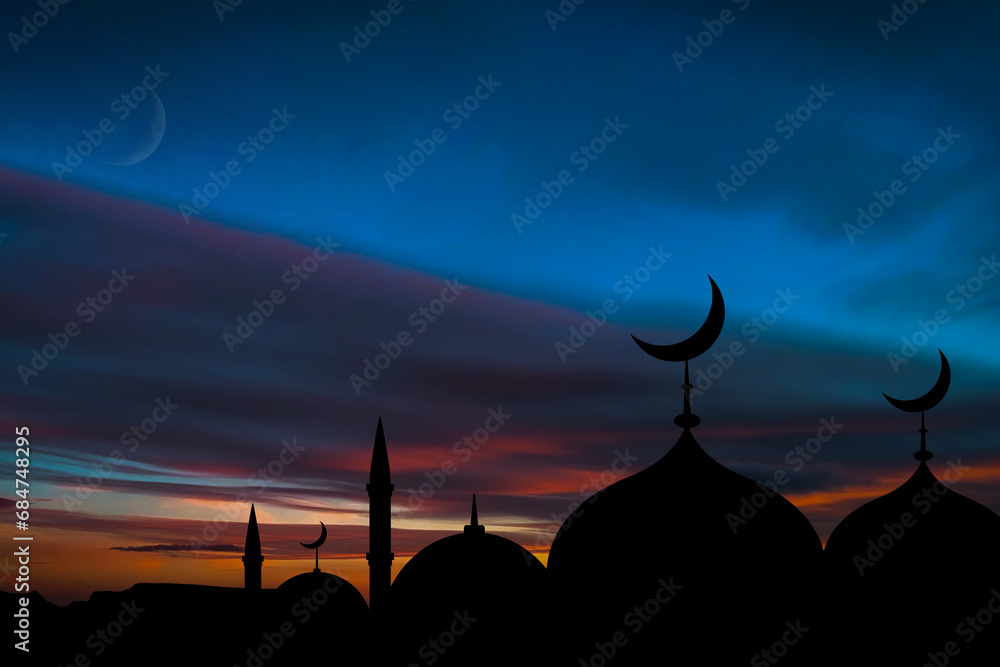 Mosques Dome on dark blue twilight sky and Crescent Moon on background, symbol islamic religion Ramadan and free space for text arabic, Eid al-Adha, Eid al-fitr, Mubarak, Islamic new year Muharram

