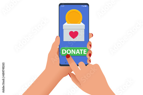 Isometric people characters donate money for charity online. Humanitarianism is expressed through crowdfunding and fundraising. Giving cash is a sign of care and solidarity with the less fortunate.