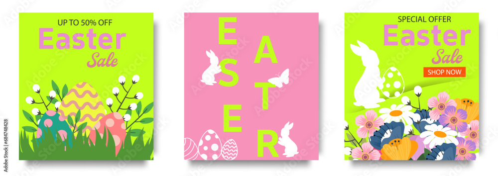 Happy Easter Set of Sale banners, greeting cards, posters, holiday covers. Trendy design with typography, flowers eggs and bunny. Modern art minimalist style.