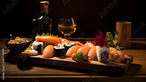 A Delectable Sushi Plate on a Rustic Wooden Table