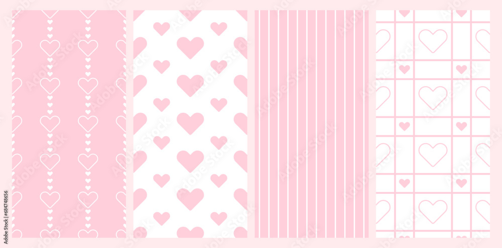 Collection of seamless patterns in pink and white color. Love patterns. Romantic backgrounds for Valentines. Endless texture for wallpaper, web page, wrapping paper. Scrapbooking, print, gift wrap