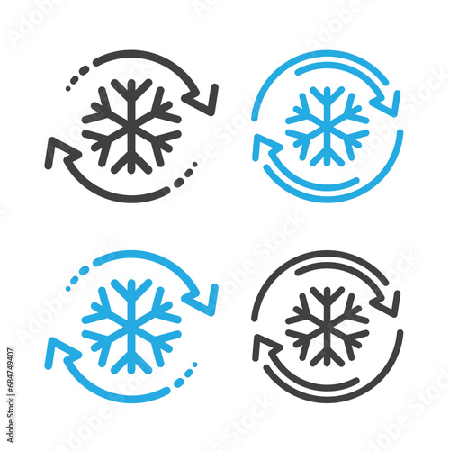 Freezer control icon, auto cooling or defrost, conditioning car or house, snowflake with two rotation arrows.