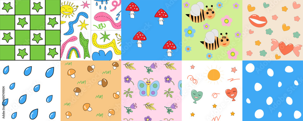 Set of cartoon seamless patterns. Fun simple bright backgrounds templates. Vector illustration.