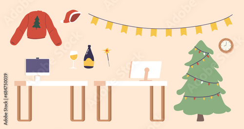 Set with Items for Celebration Christmas Party in Office. Desks With Computer, Ugly Sweater, Santa Hat, Champagne