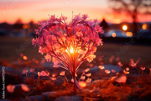 Corazón hecho de pétalos de rosa  para San Valentín ,  en un suelo repleto de más pétalos en un atardecer