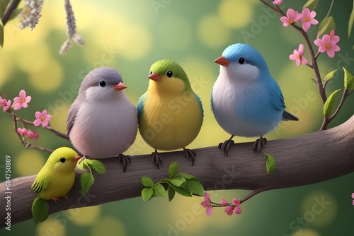 3D render of a group of birds sitting on a branch with flowers