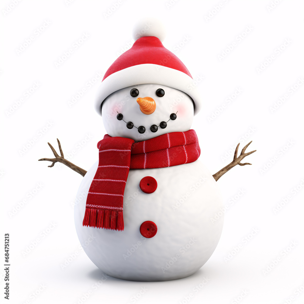 A snowman adorned with a crimson scarf and Santa cap stands isolated on a pristine white backdrop. A snowman adorned with a crimson scarf and Santa cap stands isolated on a pristine white backdrop.