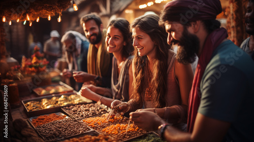 Photo of a company of young tourists of different races and nationalities are happy to taste the traditional Indian sweets in the Outdoor Indian Market