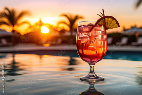 A drink sitting on top of a table next to a pool © Golib Tolibov