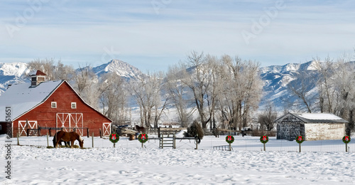 Quaint ranch and snow-covered scenic at Christmas in Bozeman, Montana.