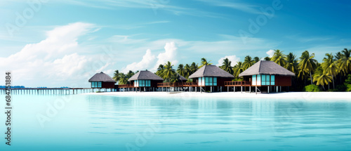 Tropical minimalistic mockup. Luxury panoramic view at exotic resort on turquoise seascape background. Bungalow, villas on beautiful beach on the ocean. Spa, leisure, concept. Generative ai