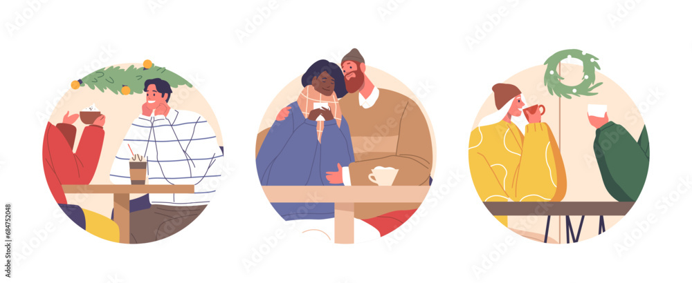Isolated Round Icons or Avatars of Romantic Couple Characters In A Cozy Christmas Cafe, Share Warm Moments Isolated Round Icons or Avatars of Romantic Couple Characters In A Cozy Christmas Cafe, Share Warm Moments