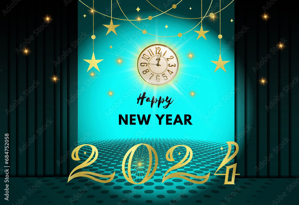 Felicitación, año nuevo, 2024, reloj, estrellas, escenario