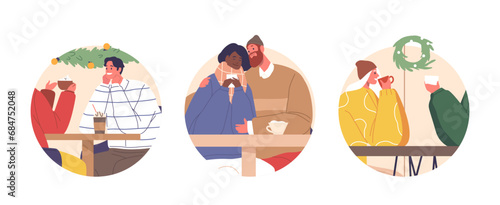 Isolated Round Icons or Avatars of Romantic Couple Characters In A Cozy Christmas Cafe, Share Warm Moments