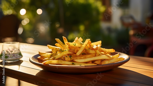 Close-Up View of Savory French Fries Served on Rustic Wooden Plate