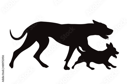 Vector silhouette of couple of dogs on white background. Symbol of pet and friendship.