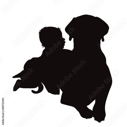 Vector silhouettes of baby with his dog on white background. Symbol of pet and canine.