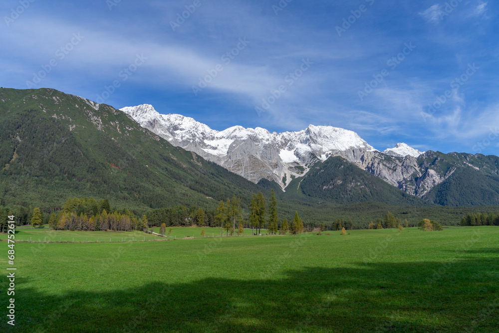 alpine landscape with green meadows and white snowcoverend mountains in the background