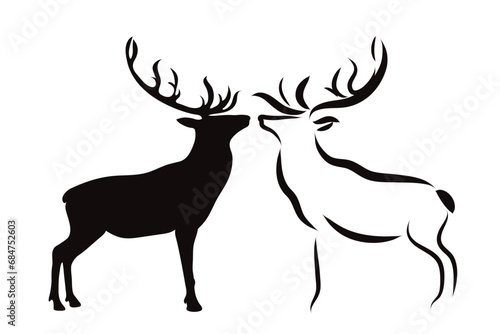 Couple of vector illustrations of deer on white background. Symbol of wild and nature.