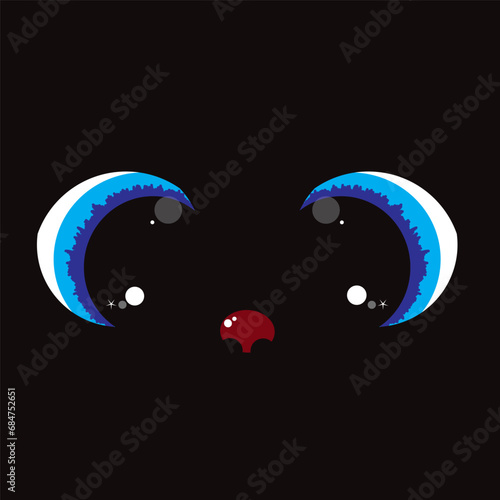 Vector illustration of blue eyes with muzzle of pet on black background. Symbol of pet.