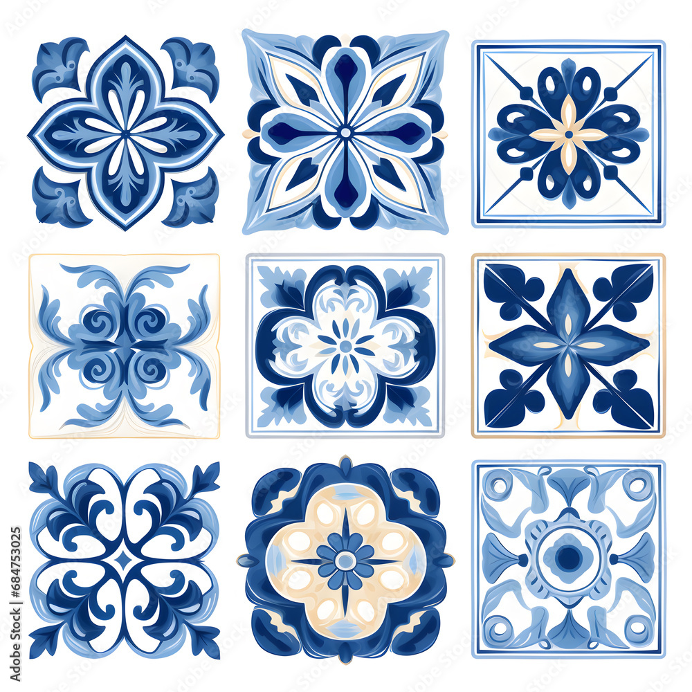 Blue watercolor seamless pattern of azulejos tiles Blue watercolor seamless pattern of azulejos tiles