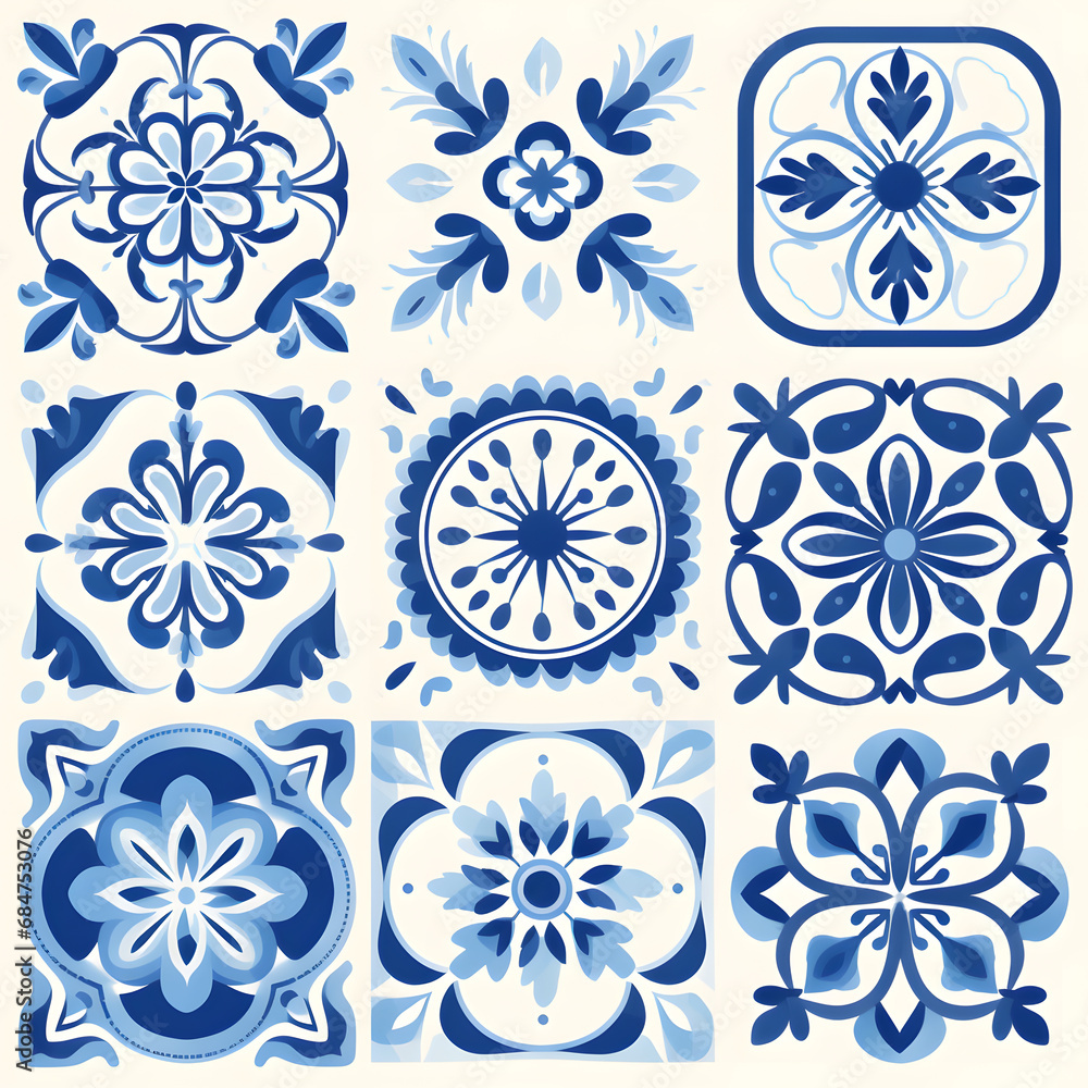 Blue watercolor seamless pattern of azulejos tiles Blue watercolor seamless pattern of azulejos tiles