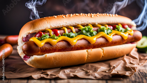 Tasty hot dog in a set composition of food photography
