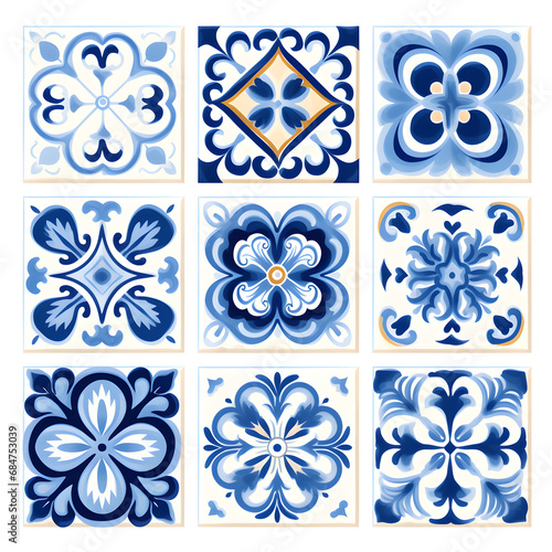 Blue watercolor seamless pattern of azulejos tiles 