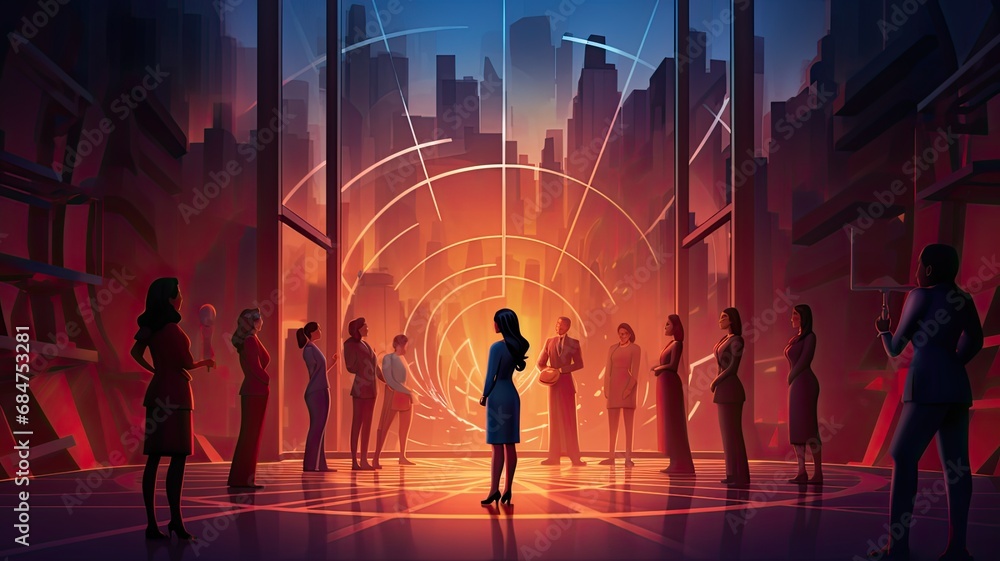 A scene showcasing successful women at the forefront of business, leading organizations and forging paths for others, symbolizing the leadership pioneers in the business world A scene showcasing successful women at the forefront of business, leading organizations and forging paths for others, symbolizing the leadership pioneers in the business world