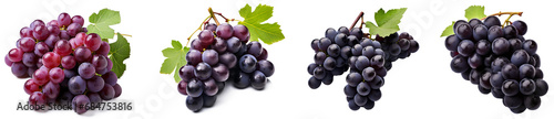 Bunch of ripe dark blue grapes isolated on transparent background. View from above