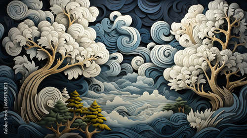  A Surreal woodcut art landscape with trees, clouds and sea. Stylized.