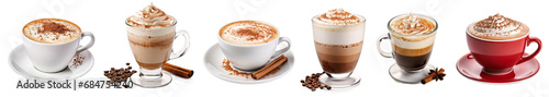 Collection of hot coffee cappuccino latte art isolated on transparent background photo