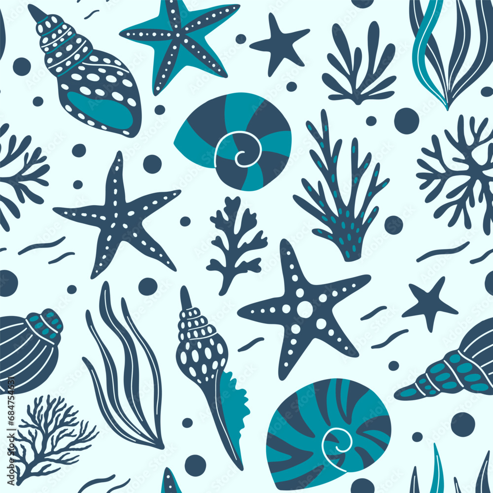 Seamless pattern with seashells, starfish, corals, seaweeds, waves. Hand-drawn seaside summer beach print. Cute ocean background. Abstract design for clothing, wrap, textile, fabric.