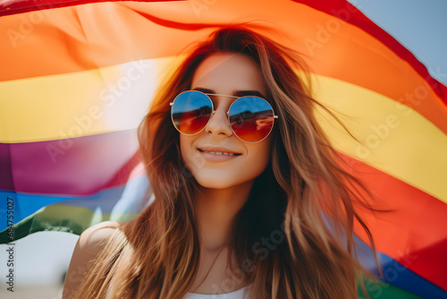 LGBT woman, LGBTQ rainbow flag, lesbian pride or LGBT pride movement