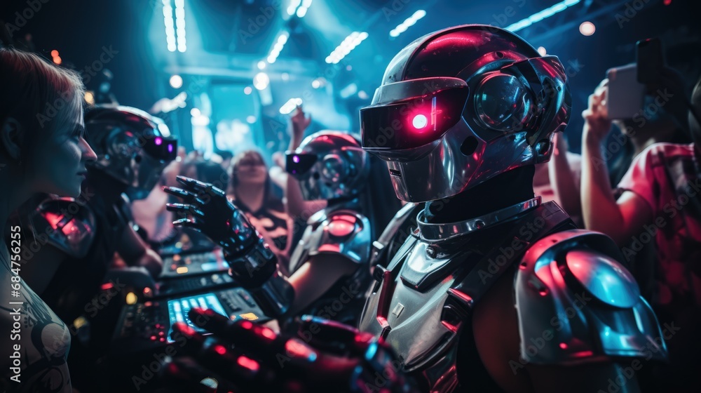 robots, androids, and humans thriving in dance at a futuristic party robots, androids, and humans thriving in dance at a futuristic party