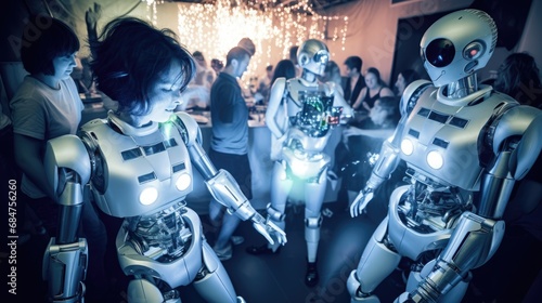  robots, androids, and humans thriving in dance at a futuristic party