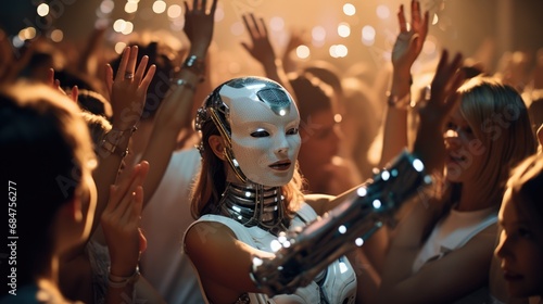  robots, androids, and humans thriving in dance at a futuristic party
