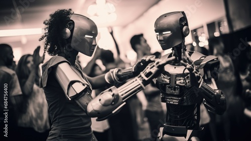  robots, androids, and humans thriving in dance at a futuristic party