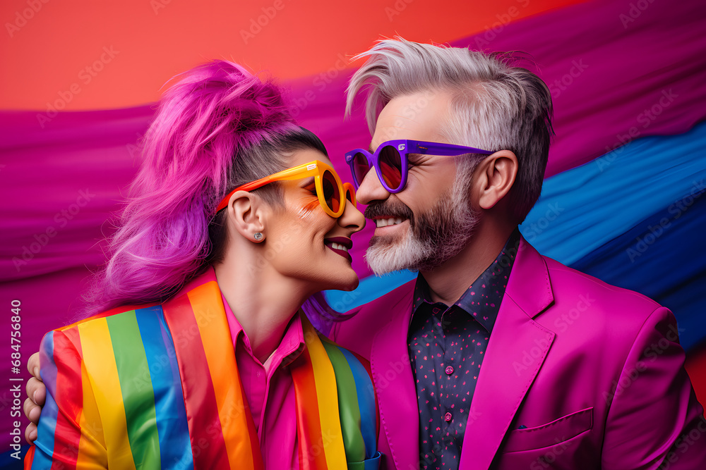 Romantic gay couple Isolated on Pride colored background