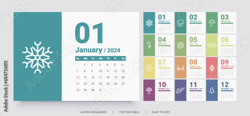 Monthly calendar template for 2024 year. The week starts on Sunday.