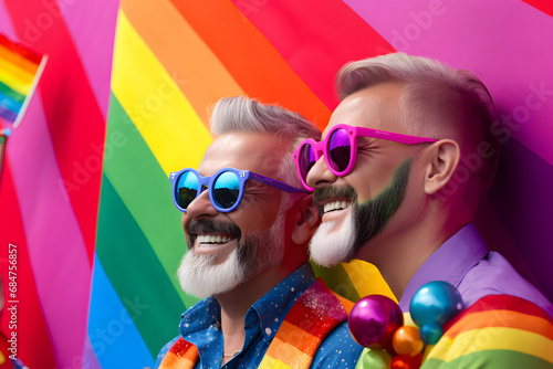 Romantic gay couple Isolated on Pride colored background