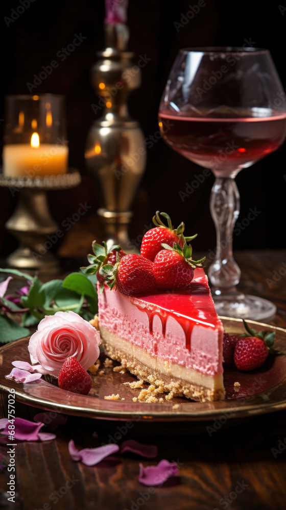 Sweetheart cheesecake topped with fresh strawberries, elegantly paired with a glass of red wine, perfect for a romantic evening.