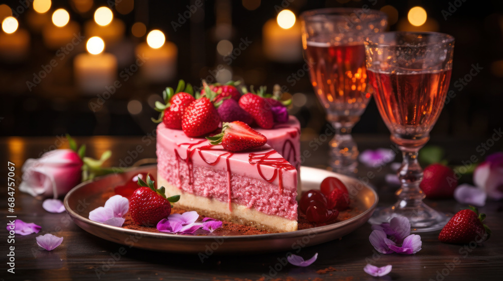 A beautifully crafted sweetheart cheesecake topped with strawberries and set for a romantic occasion with glasses of sparkling wine. A beautifully crafted sweetheart cheesecake topped with strawberries and set for a romantic occasion with glasses of sparkling wine.
