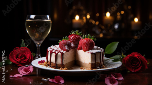 Valentine's Day cheesecake with a luxurious chocolate drizzle, strawberries on top, set against a backdrop of roses and white wine