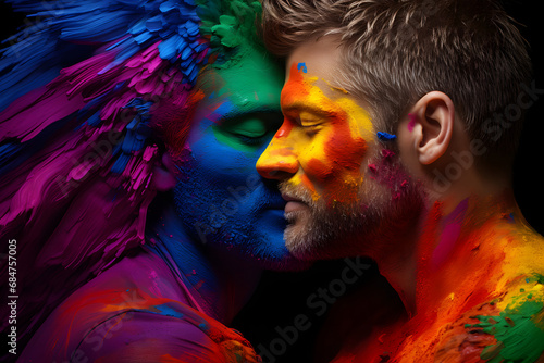 Romantic gay couple Isolated on Pride colored background