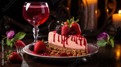 A single serving of sweetheart cheesecake, garnished with a bounty of berries, alongside a glass of red wine, inviting a celebration of affection.